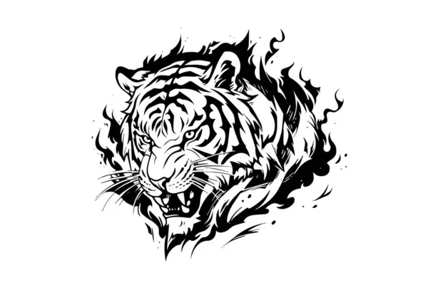 Tigre Mascota Deporte Tatuaje Diseño Ilustración Vectorial Blanco Negro Logotipo — Vector de stock
