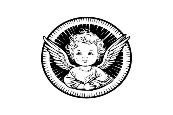 Маленький Ангел Векторном Ретро Стиле Гравировкой Черно Белой Иллюстрации Симпатичный — стоковый вектор