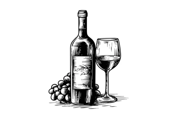 Wijnfles Glas Wijn Druiven Handgetekende Graveertekening Stijl Vector Illustraties — Stockvector