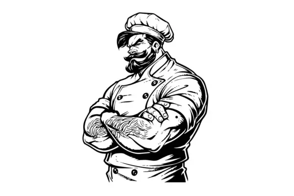 头戴交叉臂的帽子的厨师摆设标志型雕刻风格矢量图解 — 图库矢量图片