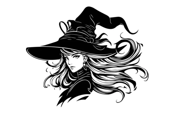 魔女ハロウィーン女性手描きインクスケッチ 彫刻スタイルベクトルイラスト — ストックベクタ