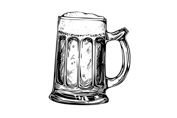 Szkło Piwne Piwem Bujną Pianką Ręcznie Rysowany Szkic Tuszu Grawerowanie — Wektor stockowy