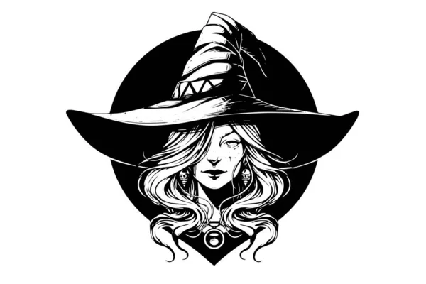 Femme Sorcière Halloween Dessin Encre Dessiné Main Illustration Vectorielle Style — Image vectorielle
