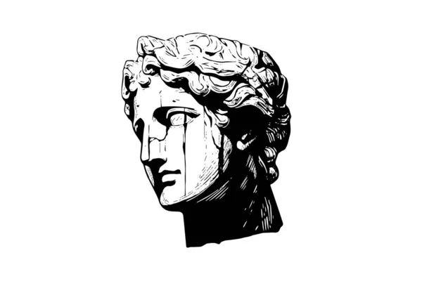Estatua Agrietada Cabeza Escultura Griega Boceto Grabado Estilo Vector Ilustración — Vector de stock