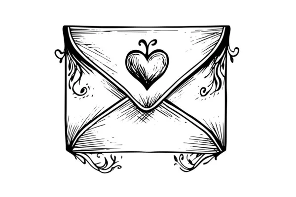 Envelope Com Esboço Tinta Desenhada Mão Coração Gravura Estilo Vintage — Vetor de Stock