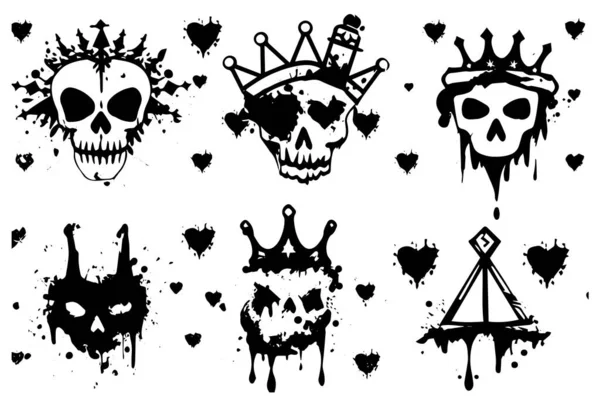 Set Hand Drawn Sketch Grunge Ink Graphiti Doodle Scull Crown — Stock Vector