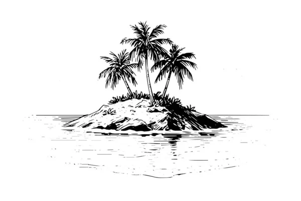 Острова Пальмовым Пейзажем Нарисованные Чернилами Векторная Иллюстрация Стиля Гравировки — стоковый вектор