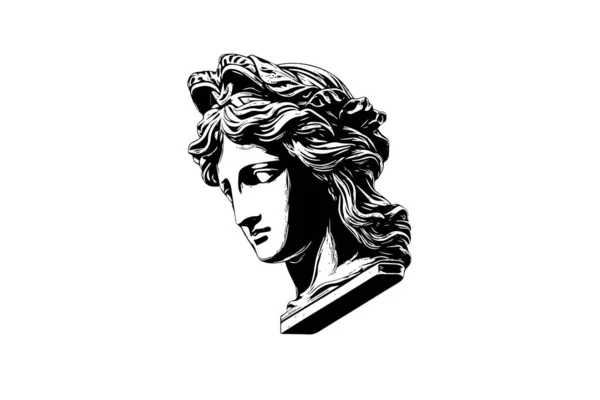 Antik Staty Huvud Grekisk Skulptur Skiss Gravyr Stil Vektor Illustration — Stock vektor