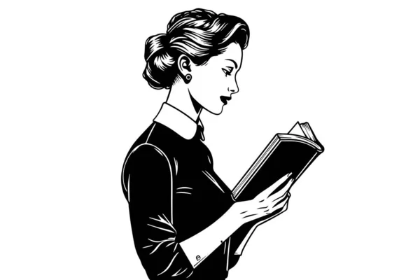 做生意的女人看书画草图 流行艺术风格黑白矢量插图 — 图库矢量图片