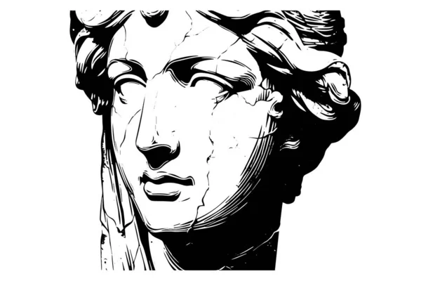 Statue Fissurée Face Sculpture Grecque Dessin Main Esquisse Style Gravure — Image vectorielle