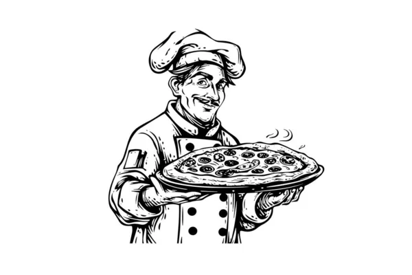 带比萨饼标识的帽子厨师 刻字风格矢量图解 — 图库矢量图片