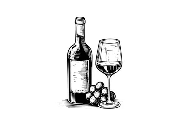 Μπουκάλι Κρασιού Και Ένα Ποτήρι Κρασί Και Σταφύλια Χειροποίητη Χαρακτική — Διανυσματικό Αρχείο