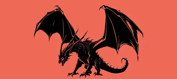 Silueta Gráfica Dragón Negro Aislado Sobre Fondo Rojo Ilustración Vectorial — Vector de stock