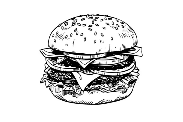 Burger Rytí Styl Umění Ručně Kreslený Vektor Ilustrace Hamburgeru — Stockový vektor