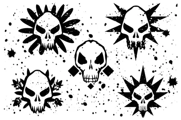 Set Hand Drawn Sketch Grunge Ink Graphiti Doodle Scull Tattoo — Stock Vector