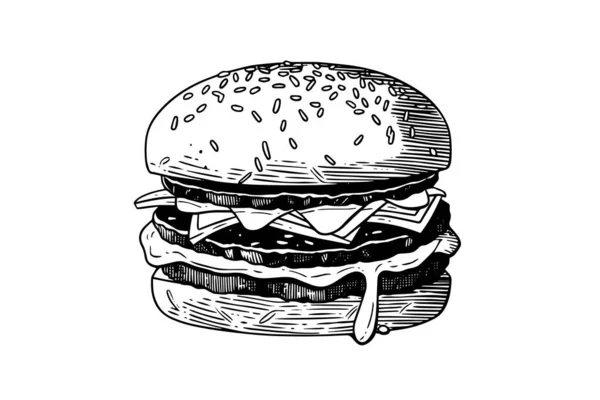 Burger Engraving Style Art Hand Drawn Vector Illustration Hamburger — Stock Vector