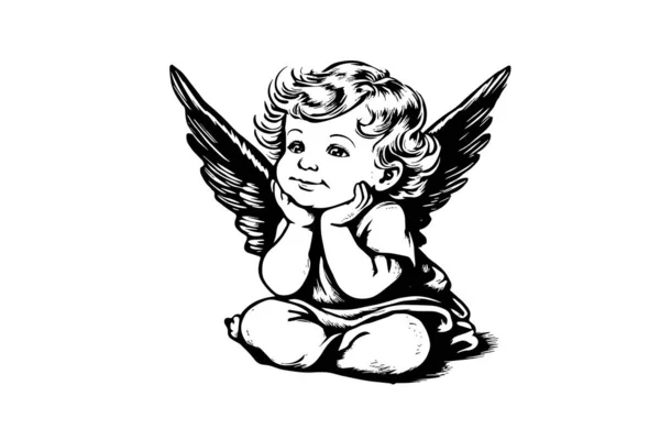 Pequeno Anjo Vetor Estilo Retro Gravura Ilustração Preto Branco Bebê — Vetor de Stock