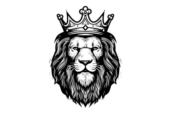 王冠の手のライオンの頭は白い背景のヴィンテージ彫刻黒と白のベクターのイラストを描きます — ストックベクタ