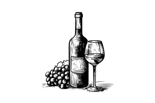 Botella Vino Copa Vino Uvas Grabado Dibujado Mano Boceto Estilo — Archivo Imágenes Vectoriales
