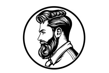 Profilde sakallı bir adamın portresi var. Hipster mürekkep skeci. Logotype vektör çizimi