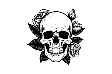 Human skull in a flower frame woodcut style. Vector engraving sketch illustration for tattoo and print design clipart