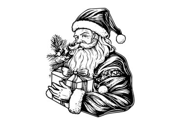 Noel Baba başı, kabartma stili vektör illüstrasyonuyla çizilmiş bir şapka çizimi içinde.