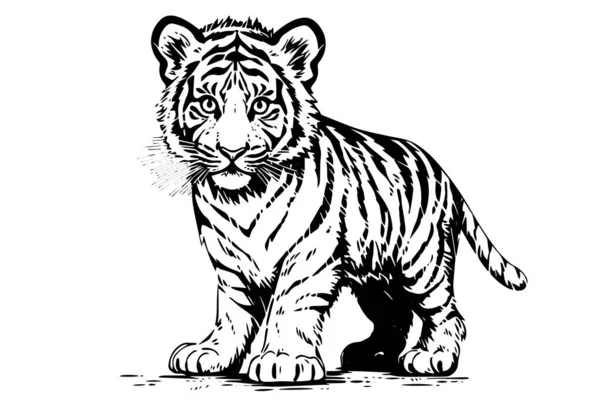 Handritad Gravyr Stil Skiss Tiger Unge Vektor Bläck Illustration — Stock vektor