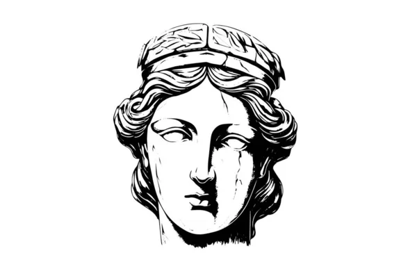 Statue Fissurée Tête Sculpture Grecque Dessin Main Esquisse Style Gravure — Image vectorielle