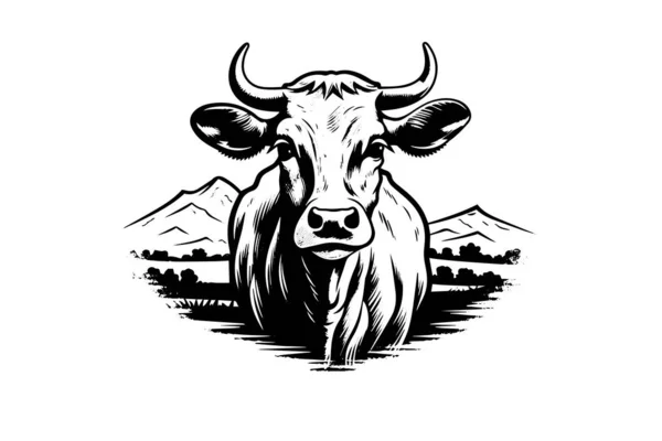 Handgezeichnete Skizze Des Kuh Logos Stilvektorillustration Zum Gravieren — Stockvektor