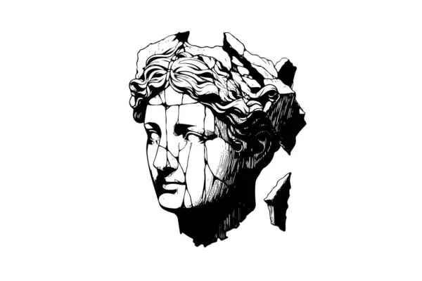 Sprucken Staty Huvud Grekisk Skulptur Skiss Gravyr Stil Vektor Illustration — Stock vektor