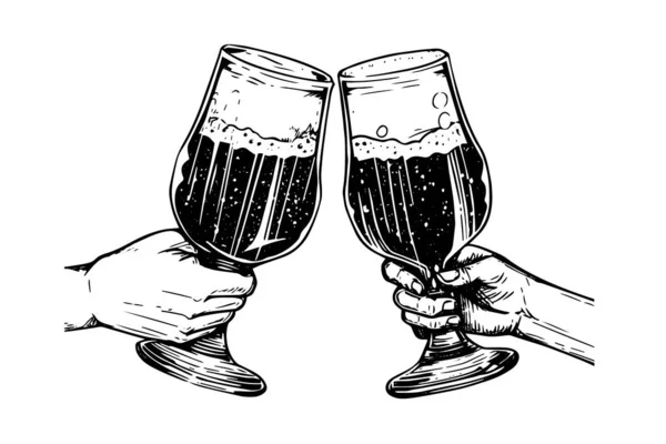 Δύο Ποτήρια Μπύρας Ζητωκραυγάζουν Ζωγραφισμένα Στο Χέρι Χαρακτική Διανυσματική Απεικόνιση — Διανυσματικό Αρχείο