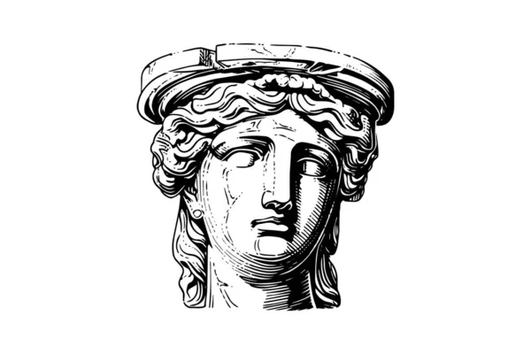 Antica Statua Testa Scultura Greca Schizzo Incisione Stile Vettoriale Illustrazione — Vettoriale Stock