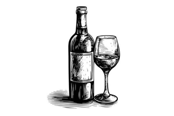 Μπουκάλι Κρασιού Και Ποτήρι Χειροποίητη Χαρακτική Εικονογράφηση Διανύσματος Στυλ — Διανυσματικό Αρχείο