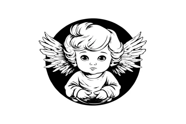 Μικρό Αγγελούδι Λογότυπος Διάνυσμα Ρετρό Στυλ Χαρακτική Ασπρόμαυρη Εικόνα Χαριτωμένο — Διανυσματικό Αρχείο