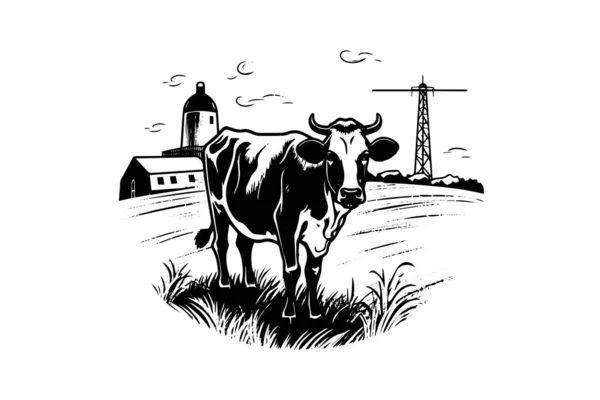 Cow Rural Landscape Hand Drawn Ink Sketch Engraving Style Vector — Stock Vector
