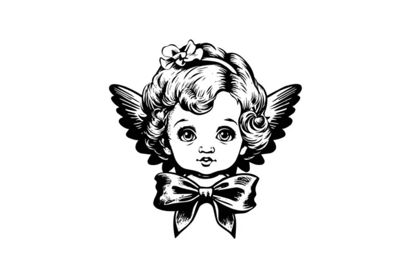Mały Anioł Logotyp Wektor Stylu Retro Grawerowanie Czarno Białe Ilustracji — Wektor stockowy