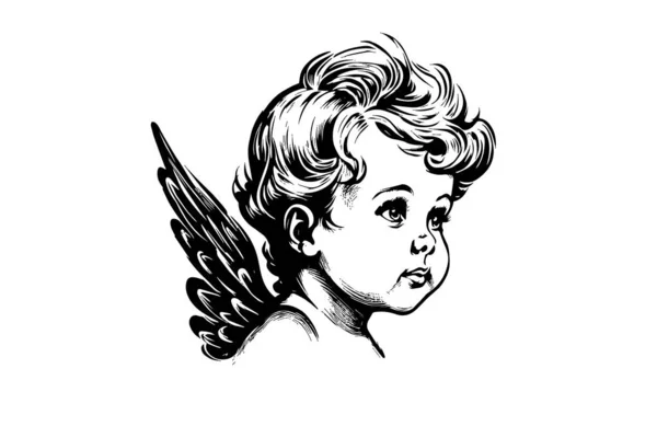 Little Angel Vector Retro Style Engraving Black White Illustration Cute — Stock Vector