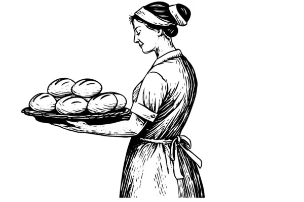 Χειροποίητο Σκίτσο Μελανιού Γυναικείου Φούρναρη Ψημένο Ψωμί Δίσκο Χαραγμένο Στυλ — Διανυσματικό Αρχείο
