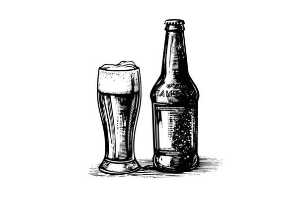 Glass Beer Bottle Beer Isolated White Background Hand Drawing Sketch — Stock Vector