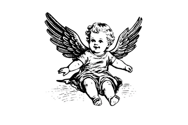 Piccolo Angelo Vettore Stile Retrò Incisione Bianco Nero Illustrazione Bambino — Vettoriale Stock
