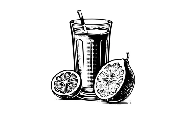 Pití Limonády Citrónem Ručně Kreslené Rytiny Styl Vektorové Ilustrace — Stockový vektor
