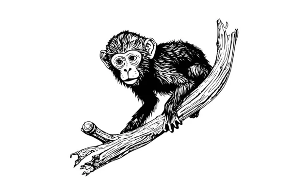 猿は枝の上に座っている インクスケッチ彫刻ベクトルイラスト — ストックベクタ