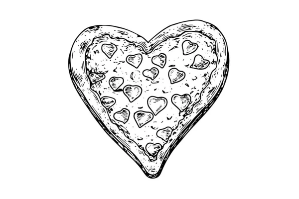 Coração Forma Pizza Esboço Mão Desenhada Gravura Estilo Vector Ilustração — Vetor de Stock
