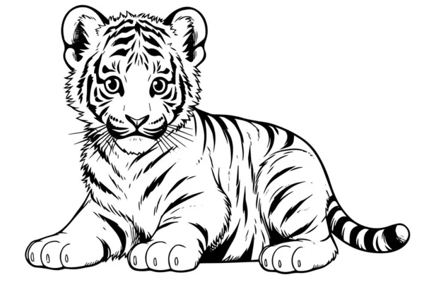 Hand Drawn Engraving Style Sketch Tiger Cub Vector Ink Illustration — Stock Vector