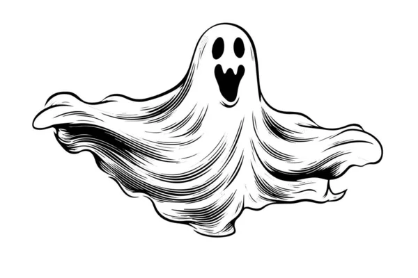 Illustrazione Dello Stile Incisione Del Vettore Fantasma Volante Spaventoso Halloween — Vettoriale Stock