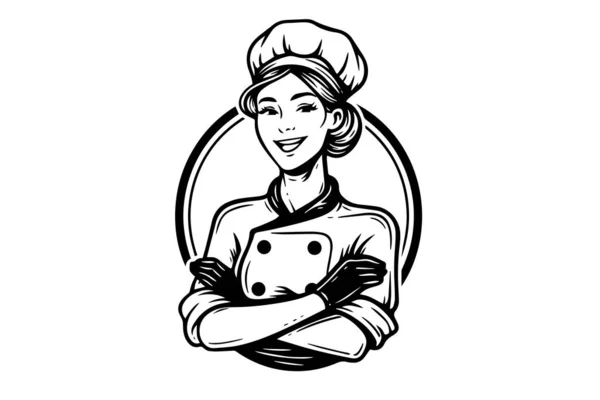 Esbozo Tinta Chef Mujer Sonriente Estilo Grabado Dibujo Ilustración Joven — Vector de stock