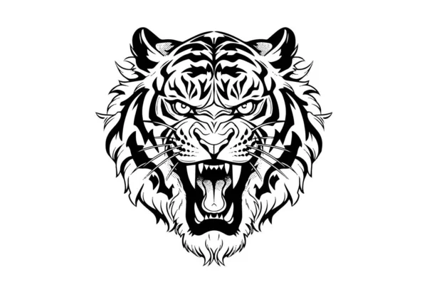 Tiger Mascotte Sport Disegno Del Tatuaggio Illustrazione Vettoriale Bianco Nero — Vettoriale Stock