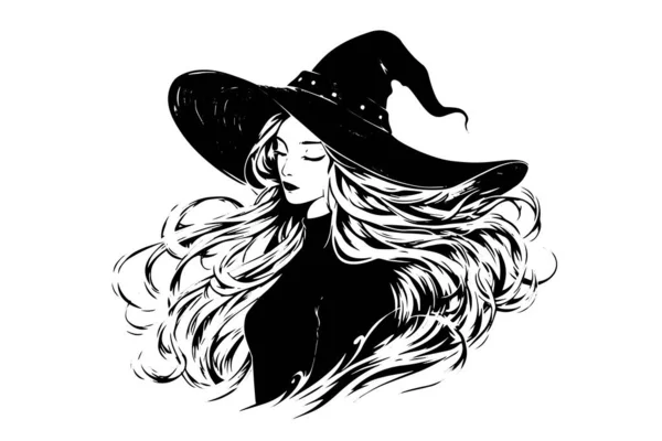Witch Halloween Vrouw Hand Getekend Inkt Schets Graveren Stijl Vector — Stockvector