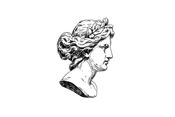 Antieke Standbeeld Hoofd Van Griekse Sculptuur Schets Graveren Stijl Vector — Stockvector