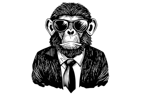 Monkey Businessman Dressed Vector Engraving Style Sketch Illustration — Stock Vector